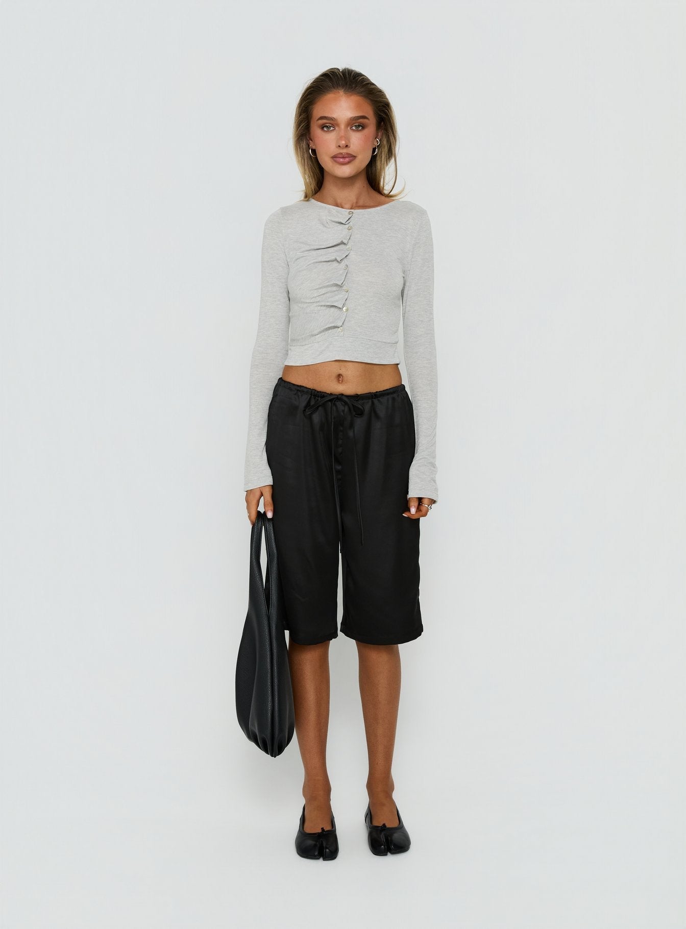 Idanna Ruched Button Down Long Sleeve Top Grey Marle