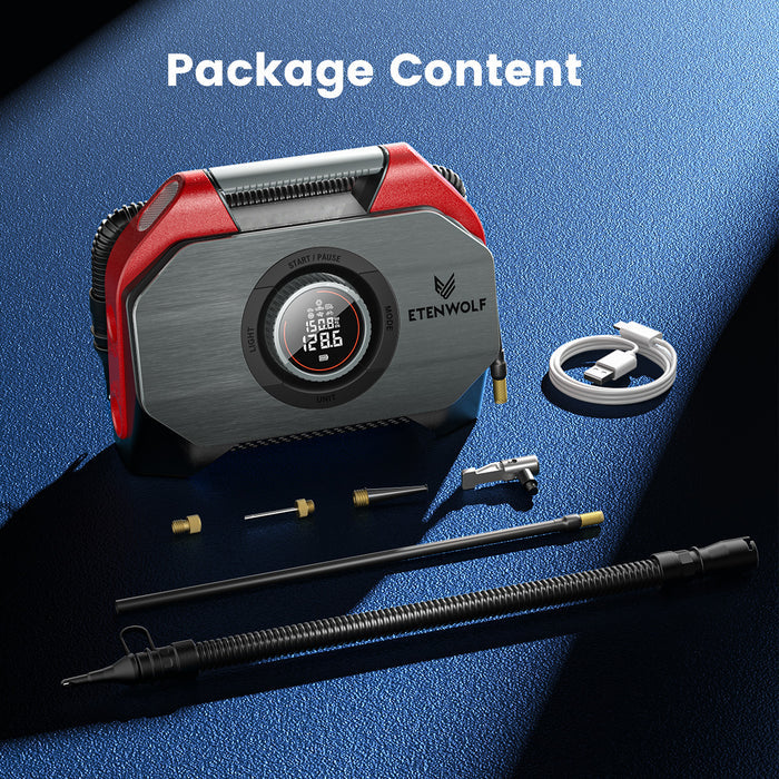 Package Content, 1 S6SE Air Compressor, 1 Air Chuck, 1 High-pressure Hose, 1 High-volume Hose, 1 USB-C to C Cable, 1 Ball Needle, 1 Balloon Valve, 1 Presta Valve Adapter.