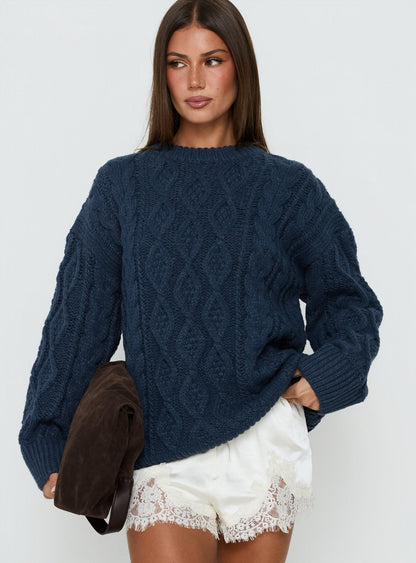 Rorey Cable Knit Crew Neck Sweater Navy