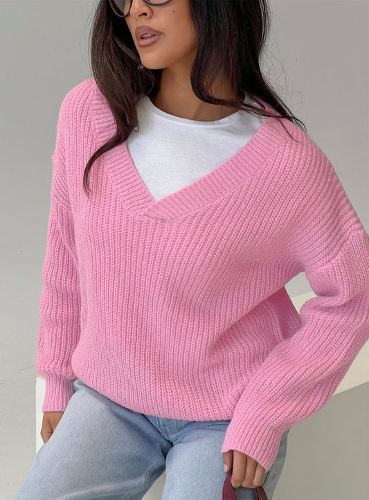 Zoea V Neck Knit Sweater Pink