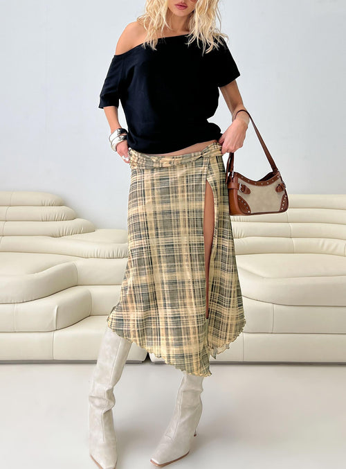 Rhaina Draped Asymmetrical Midi Skirt Yellow Check