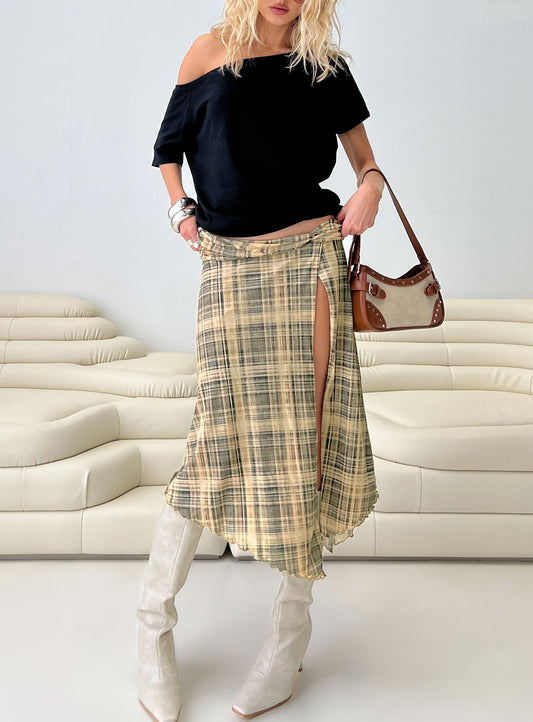 Rhaina Draped Asymmetrical Midi Skirt Yellow Check