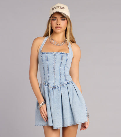 Darling Charm Halter Pleated Denim Skater Dress