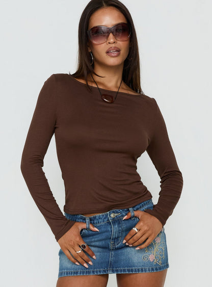 Long Weekends Semi-Sheer Long Sleeve Top Brown