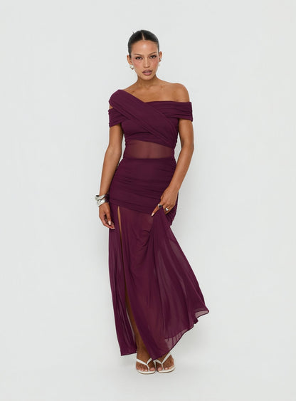 Loran Mesh Draped Maxi Dress Wine