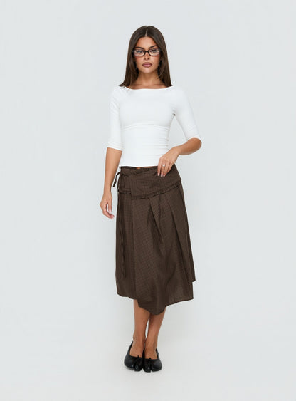 Ginella Pleated Tie Side Midi Skirt Brown Check