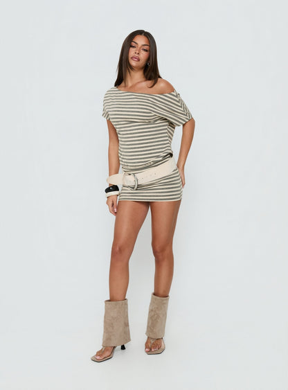 Self Control Off Shoulder Romper Grey Stripe