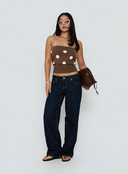 Tahlie Cinched Strapless Knit Top Brown Polka Dot