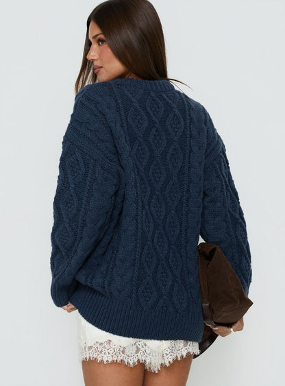 Rorey Cable Knit Crew Neck Sweater Navy