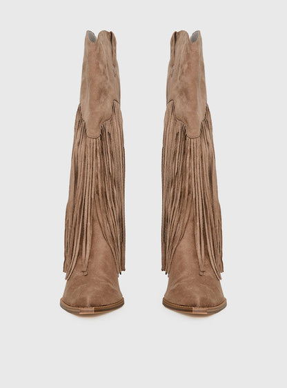 Like An Angel Faux Suede Tassel Knee High Boots Tan