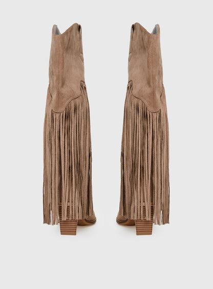 Like An Angel Faux Suede Tassel Knee High Boots Tan