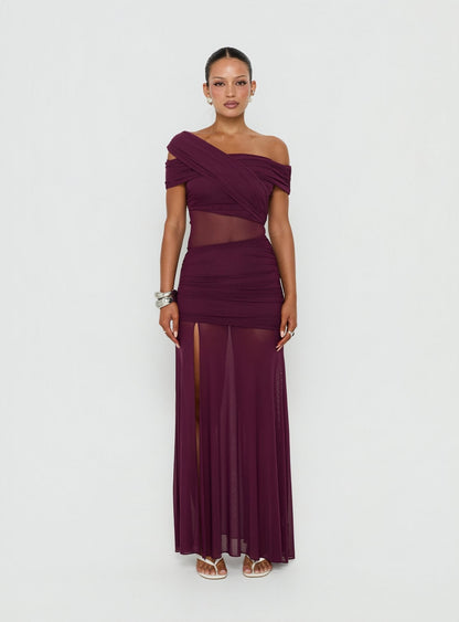 Loran Mesh Draped Maxi Dress Wine