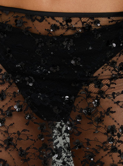 Fast Life Sheer Sequin Lace Midi Skirt Black