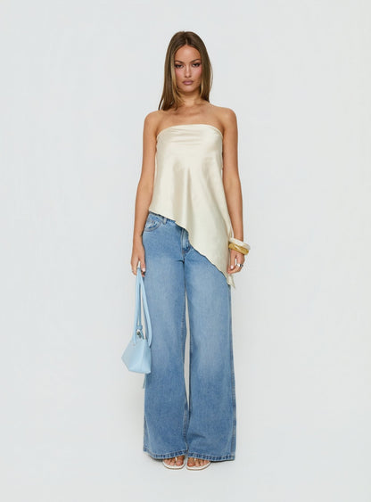 Keevah Strapless Satin Asymmetrical Top Lemon