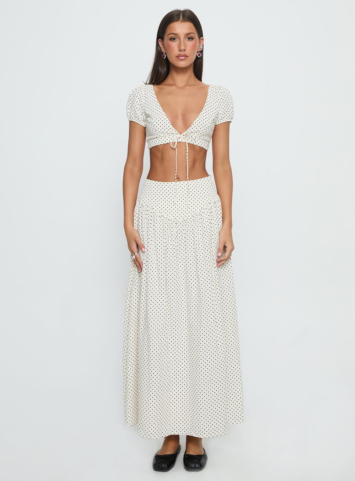 Alletta Tie Up Micro Crop Top Cream Polka