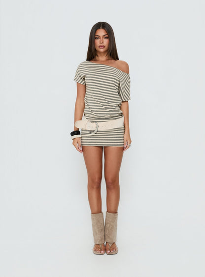 Self Control Off Shoulder Romper Grey Stripe