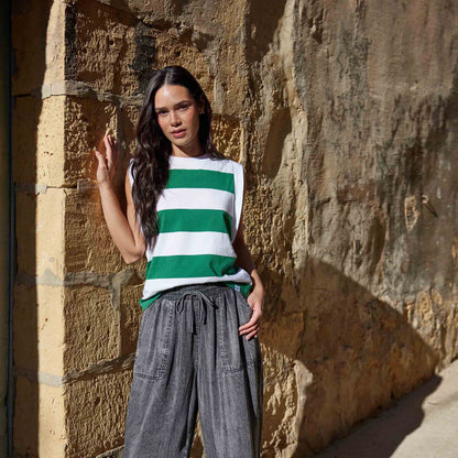Aurelia Womens 100% Cotton Supersoft Boxy Fit Vest - Green Stripe