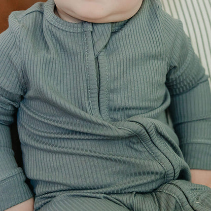 Rib Knit Zip-Up Footie Pajama - Moss