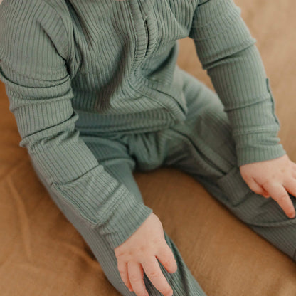 Rib Knit Zip-Up Footie Pajama - Moss