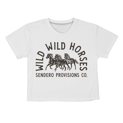 Wild Wild Horses Boxy Tee - Vintage White/Brown Print