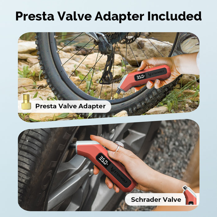 ETENWOLF t300 plus include Presta Valve Adapter. Presta Valve Adapter and Schrader Valve are being used on a bicycle tire and a car tire.
