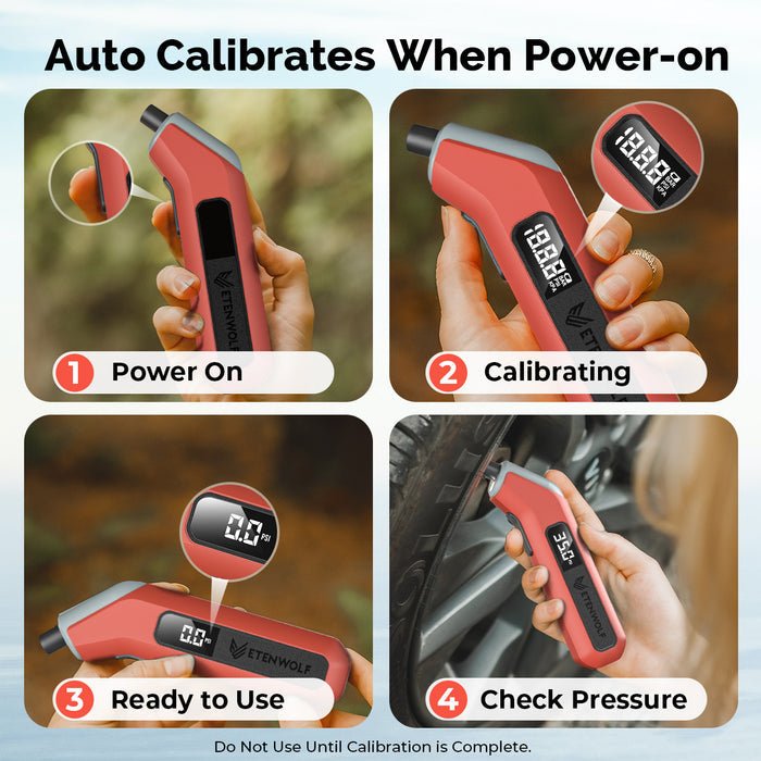 Step-by-step demonstration of the t300 tire pressure gauge calibration process. 1. Power On, 2. Calibrating, 3. Ready to Use, 4. Check Pressure