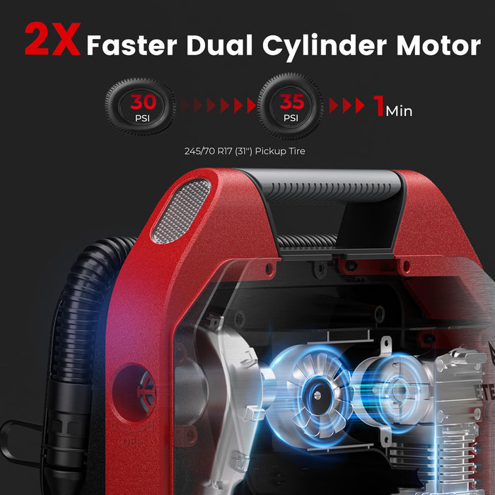 2X Faster Dual Cylinder Motor, Inflating a 245/70 R17 31" pickup truck tire to 30-35 PSI only takes 1 minute.