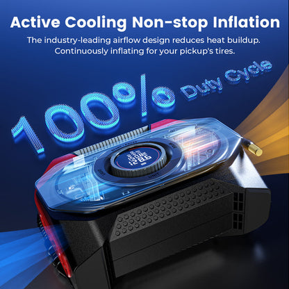 Active cooling non-stop inflation. The industry-leading airflow design reduces heat buildup. Continuously inflating for your pickup's tires.