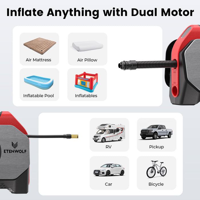 Inflate anything with dual motor. Inflate RV, Pickup, Car, Bicycle, Air Mattress, Air Pillow, Inflatable Pool, Inflatables.