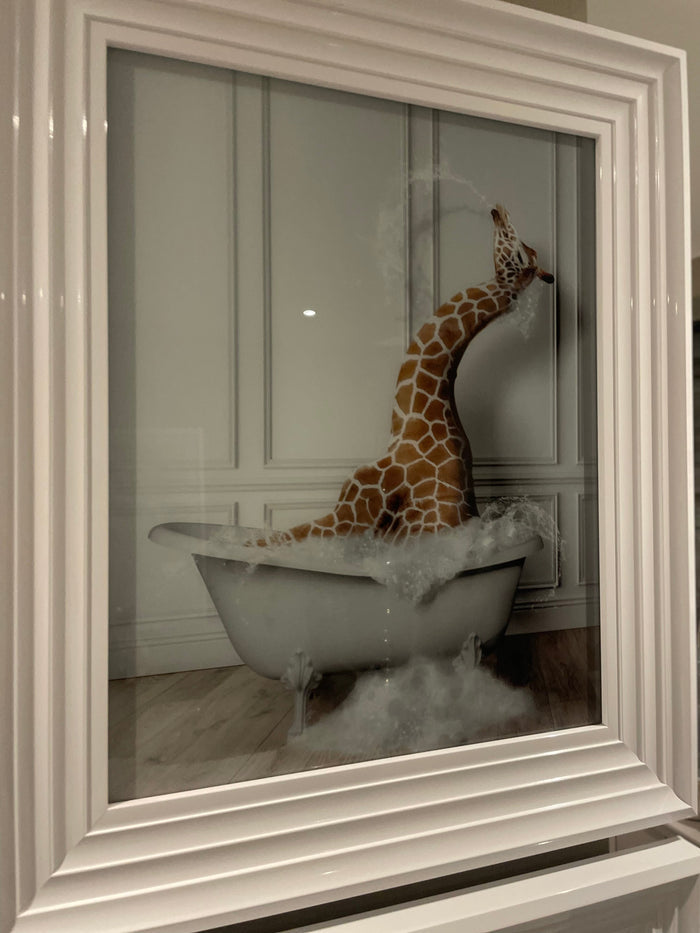 Giraffe in bath Medium framed art work-Renaissance Design Studio
