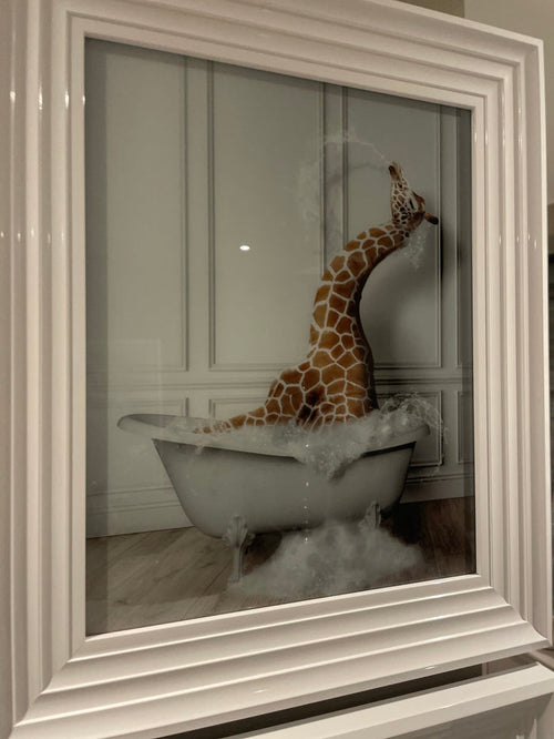 Giraffe in bath Medium framed art work-Renaissance Design Studio