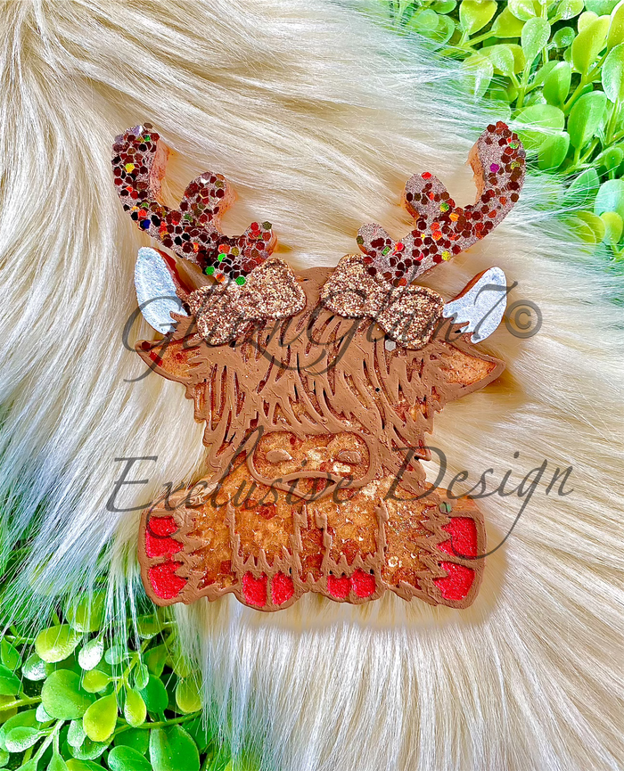 Highland Cow w/ Reindeer Antlers (WITH BOWS) Silicone Mold-GNG7 Exclusive