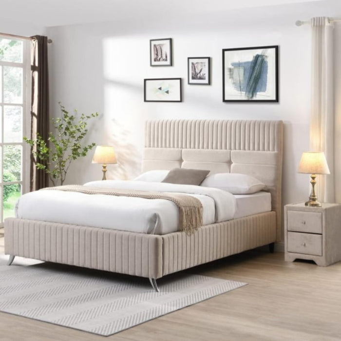 Lara designer bed frame complete in neutral velvet. Reduced price-Renaissance Design Studio